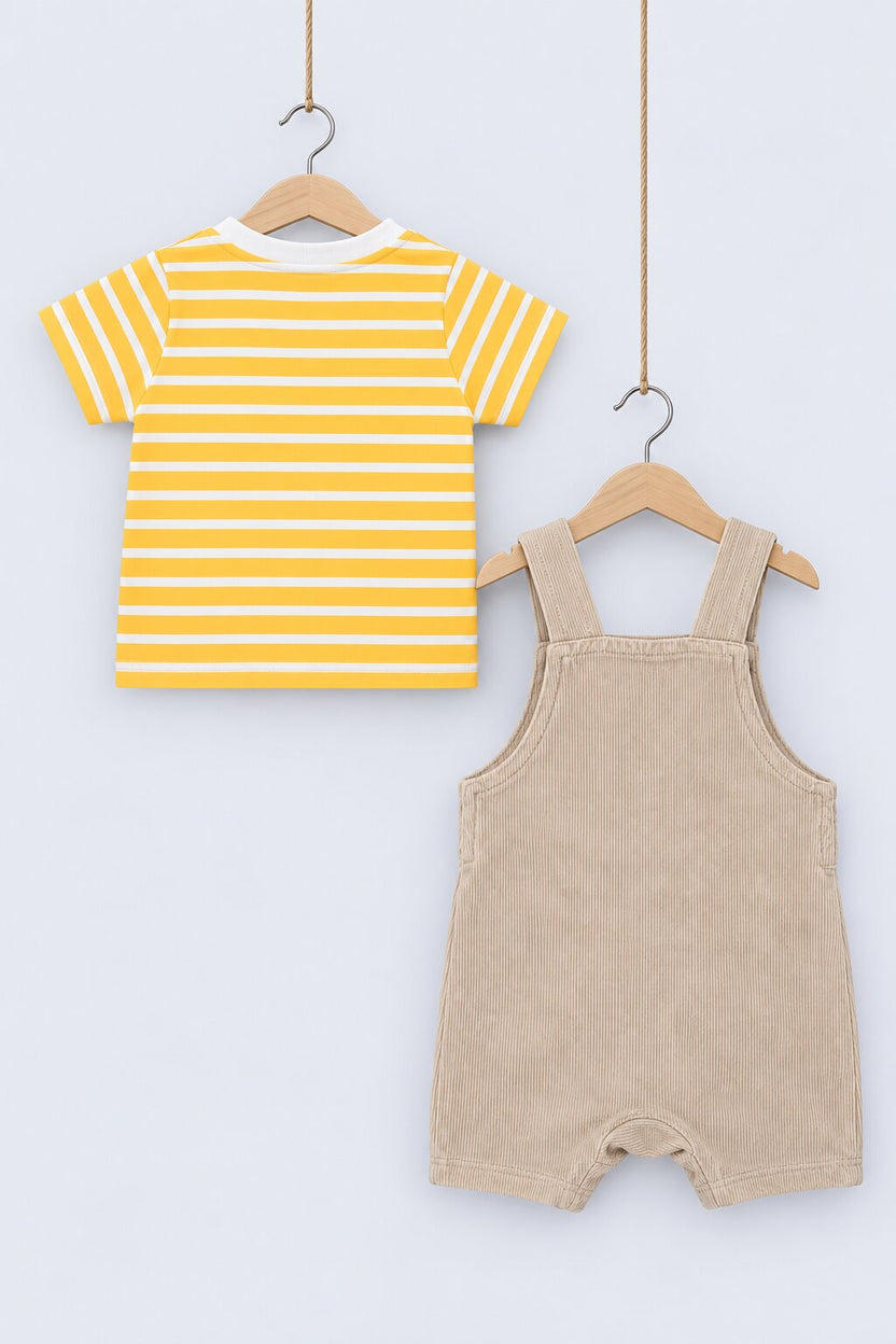 Infant Boys Beige and Yellow Lion Print Dungaree Set - Image 2