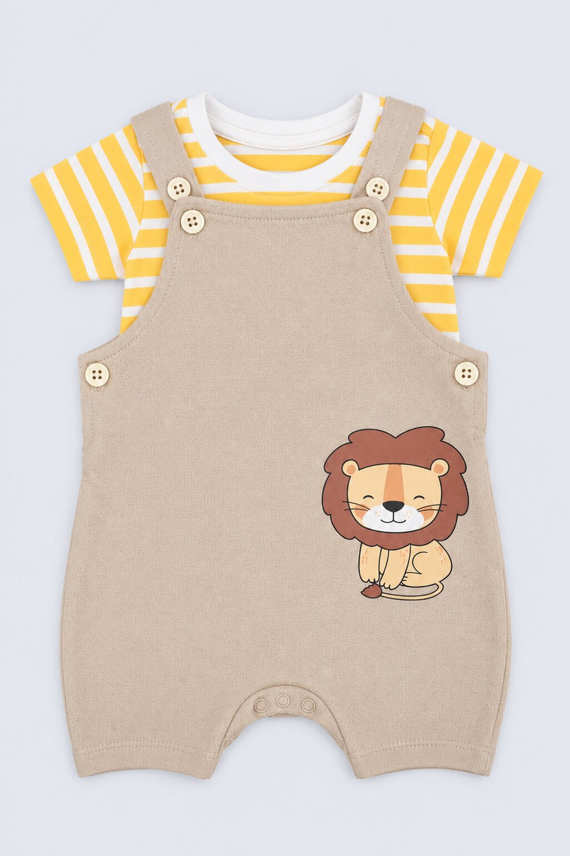Infant Boys Beige and Yellow Lion Print Dungaree Set - Image 5
