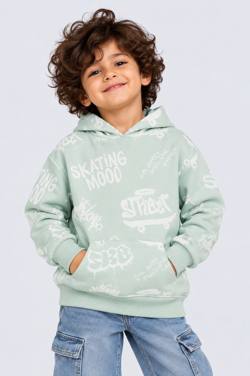 Boys Light Green Typographic Print Hooded Sweatshirt - Image 1
