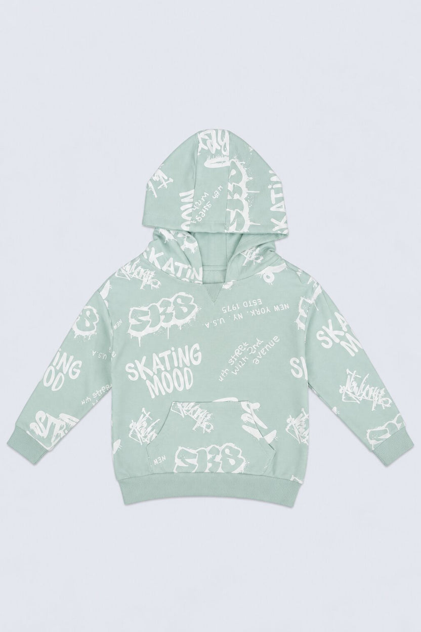 Boys Light Green Typographic Print Hooded Sweatshirt - Image 2