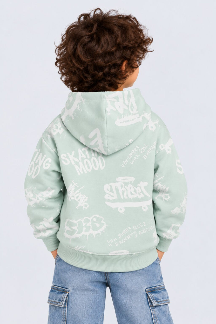 Boys Light Green Typographic Print Hooded Sweatshirt - Image 3