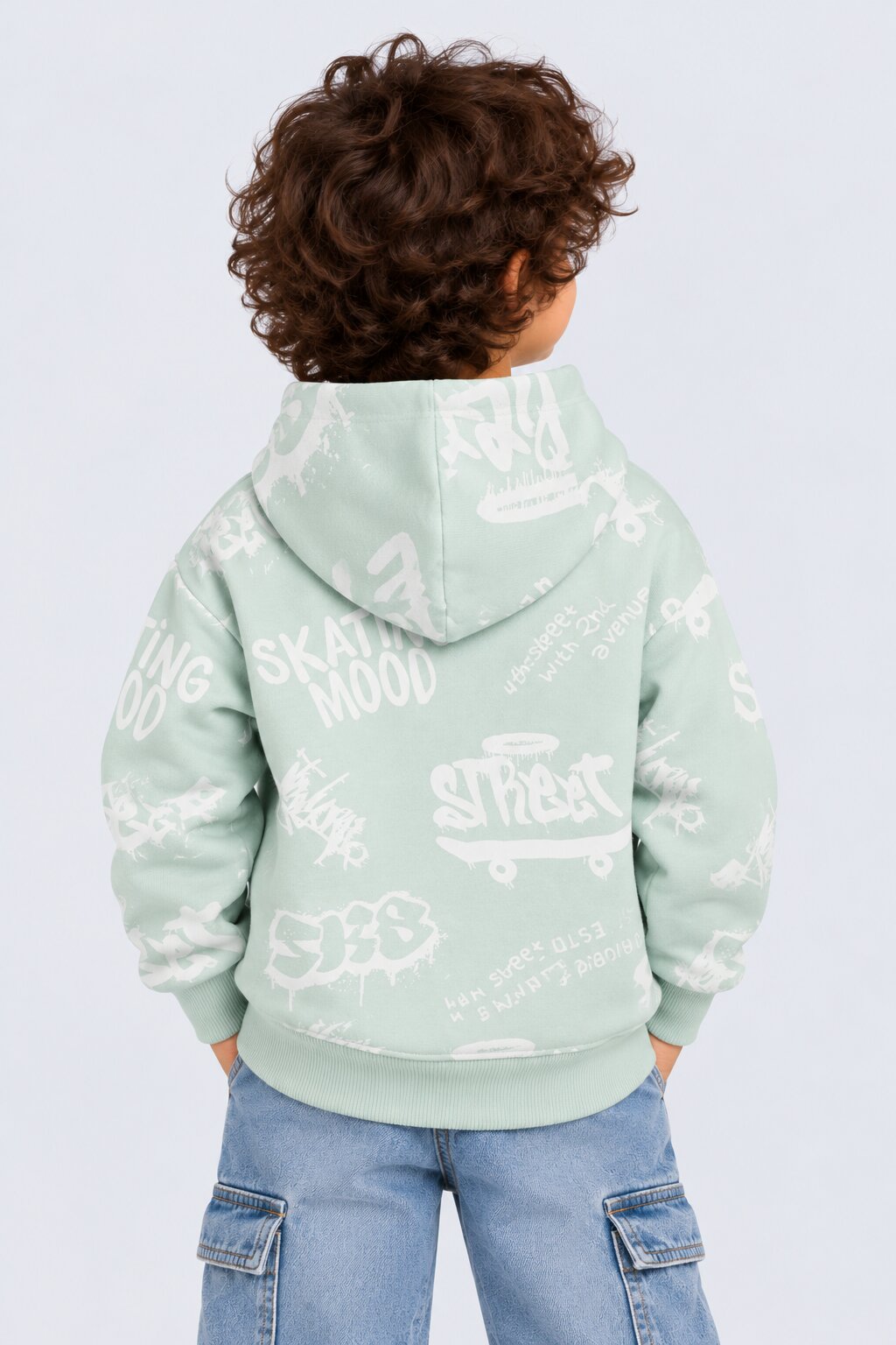 Boys Light Green Typographic Print Hooded Sweatshirt - Image 3