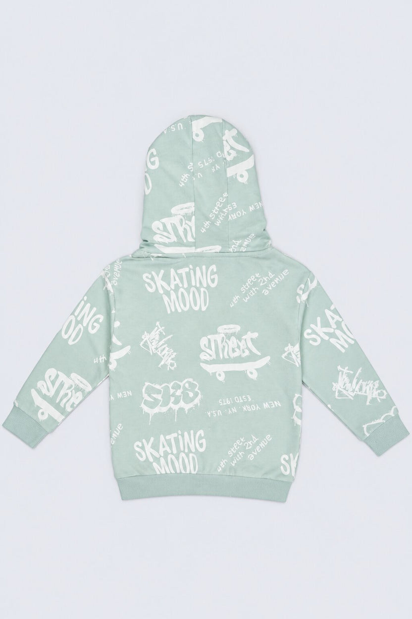 Boys Light Green Typographic Print Hooded Sweatshirt - Image 4