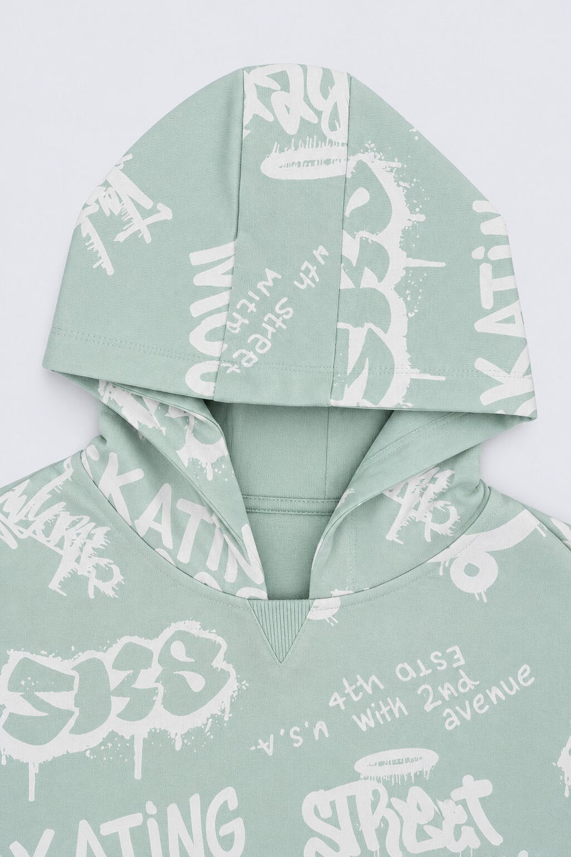 Boys Light Green Typographic Print Hooded Sweatshirt - Image 5
