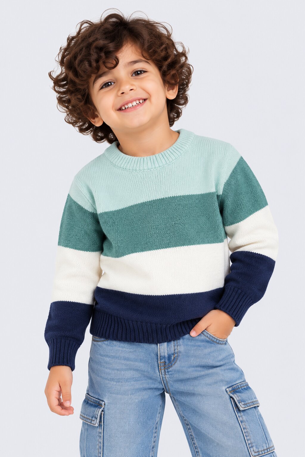 Boys Green Striped Knit Sweater - Image 1