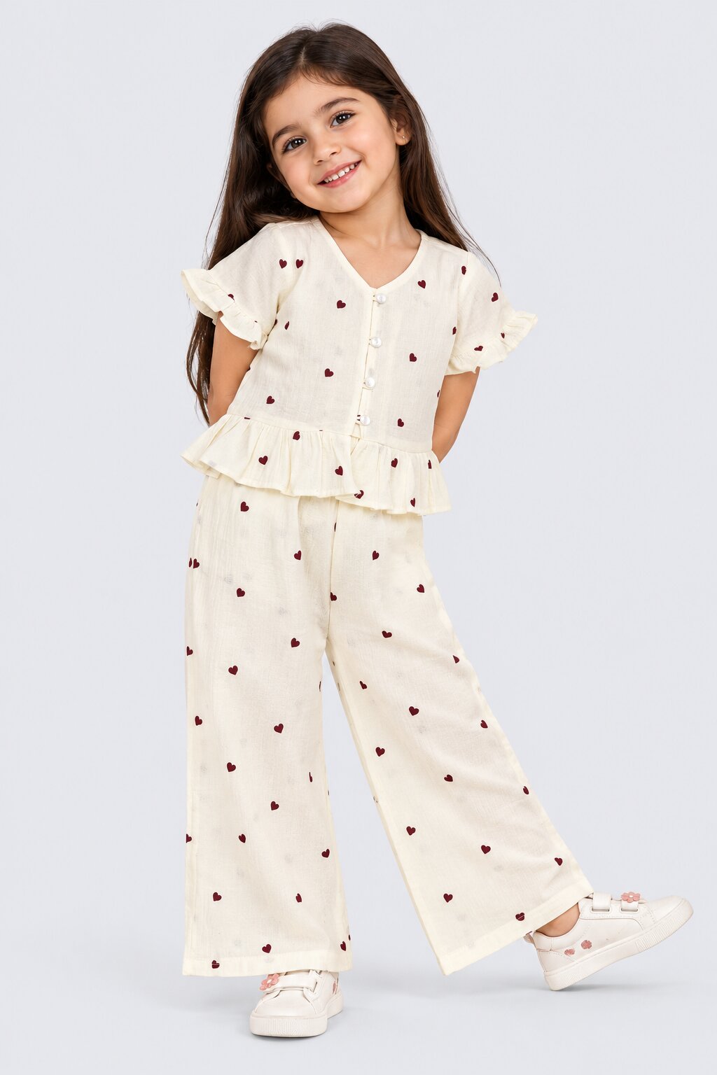 Girls Off White Heart Print Co-Ord Set - Image 1