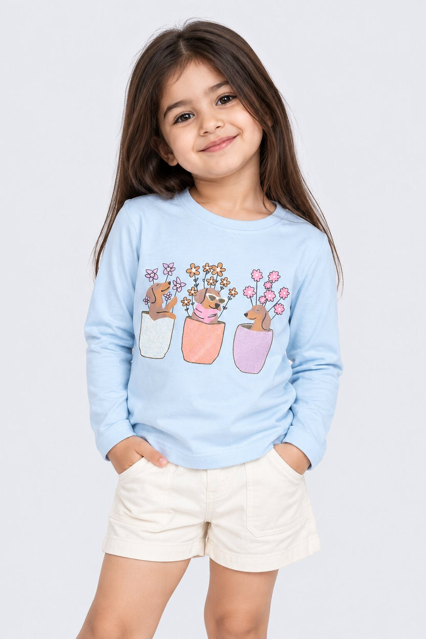 Girls Light Blue Floral Bunny Print T-Shirt - Image 1