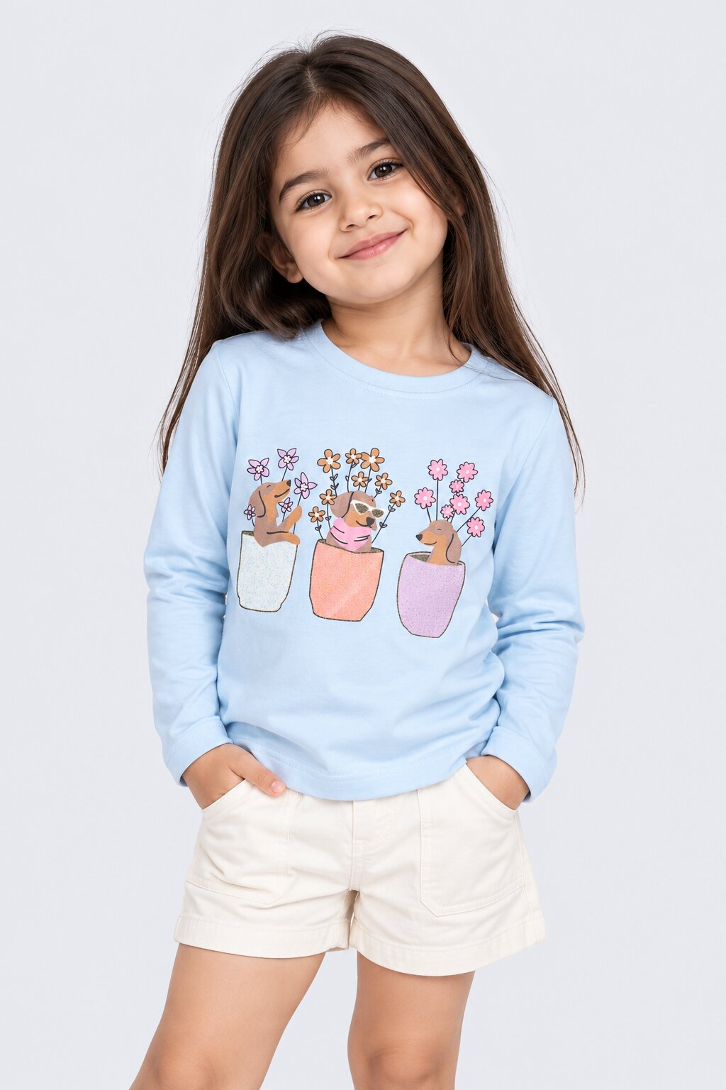 Girls Light Blue Floral Bunny Print T-Shirt - Image 1
