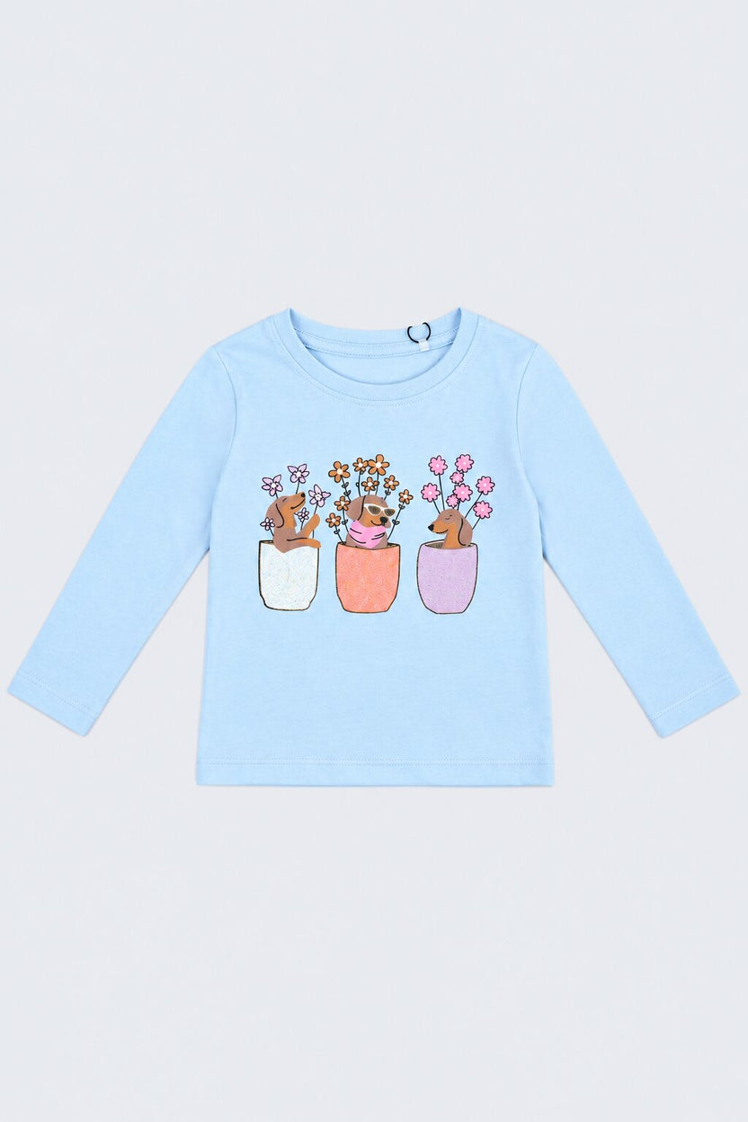 Girls Light Blue Floral Bunny Print T-Shirt - Image 2