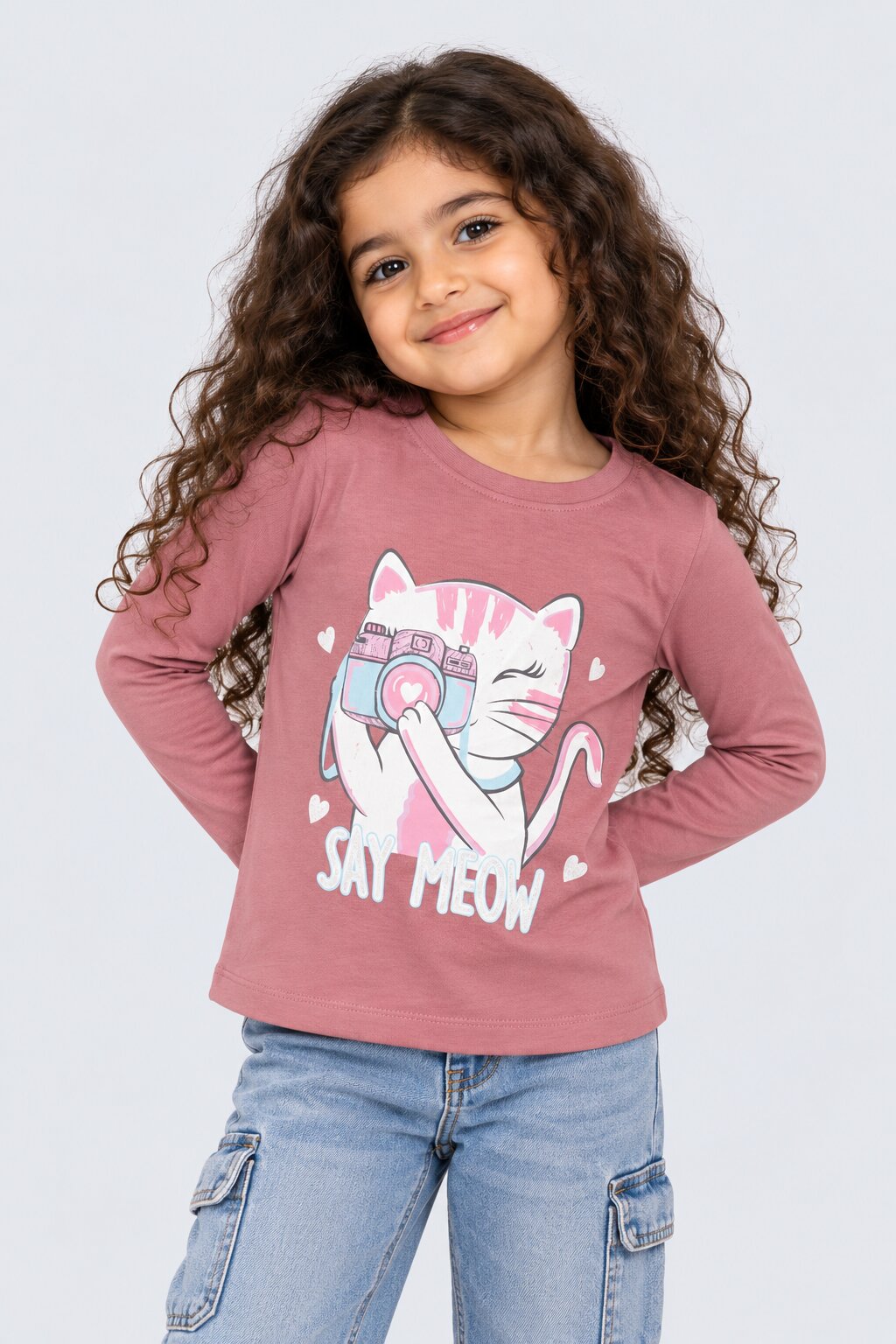 Girls Pink Cat Graphic Print T-Shirt - Image 1