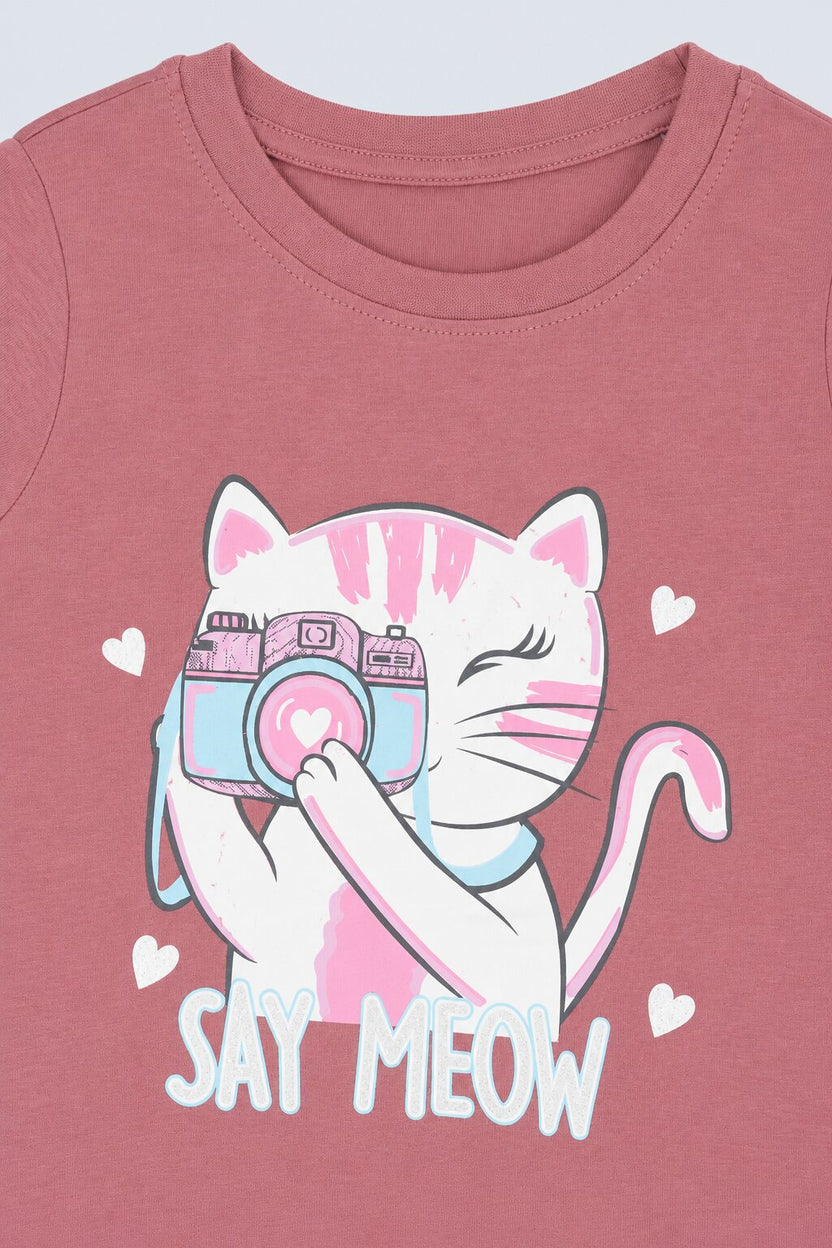 Girls Pink Cat Graphic Print T-Shirt - Image 5