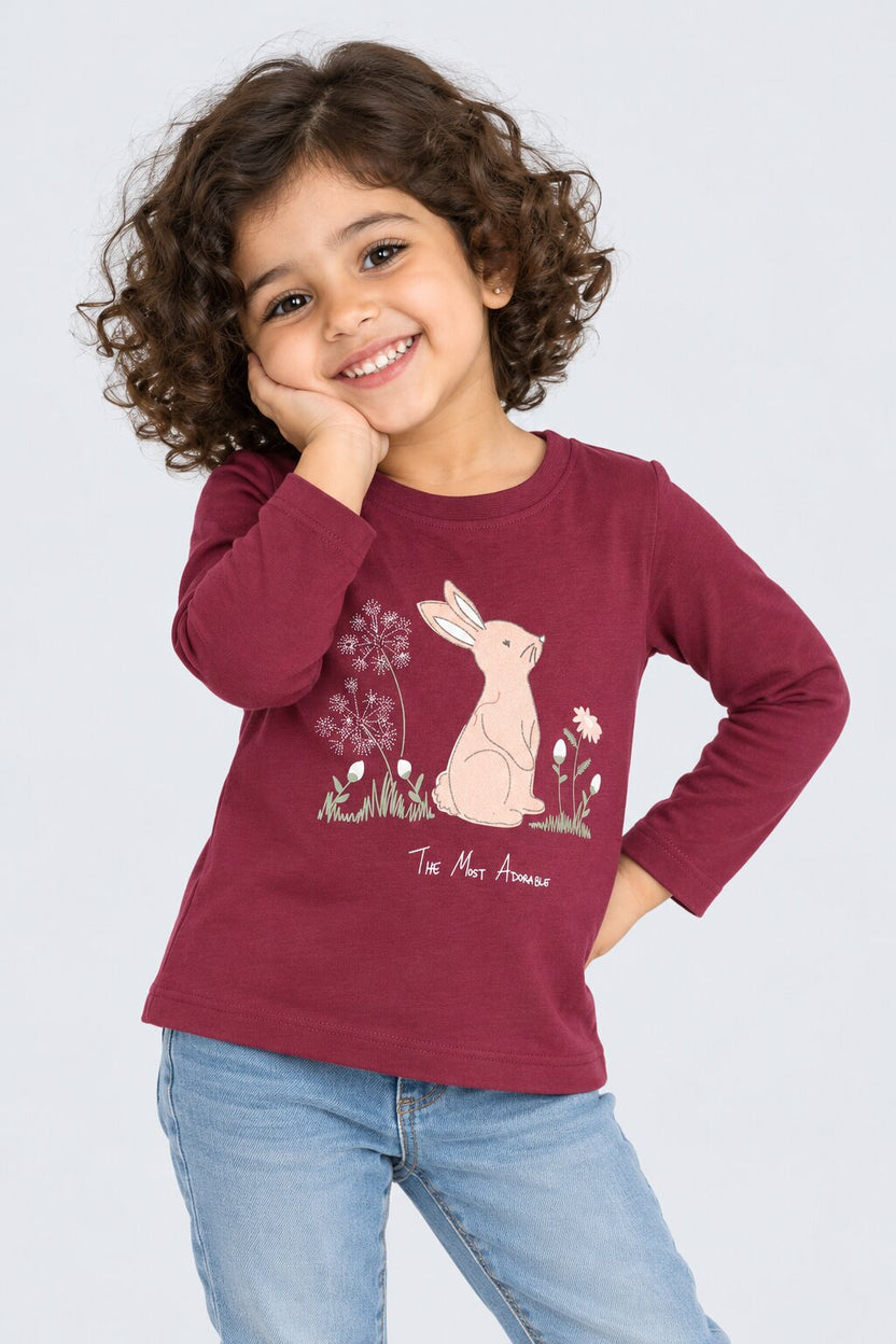 Girls Red Bunny Print Full Sleeve T-Shirt - Image 1