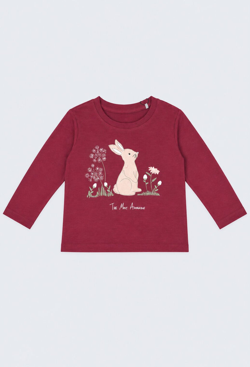 Girls Red Bunny Print Full Sleeve T-Shirt - Image 2