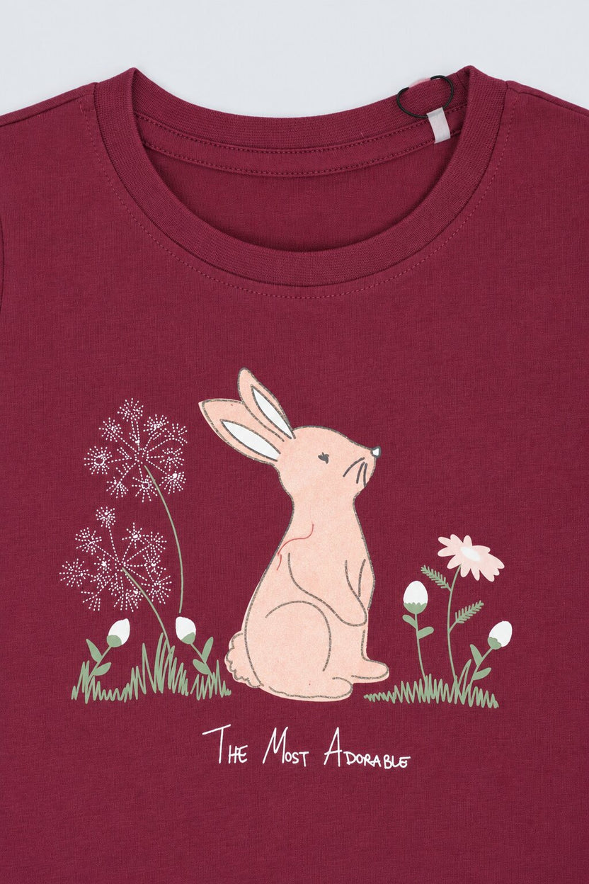 Girls Red Bunny Print Full Sleeve T-Shirt - Image 5