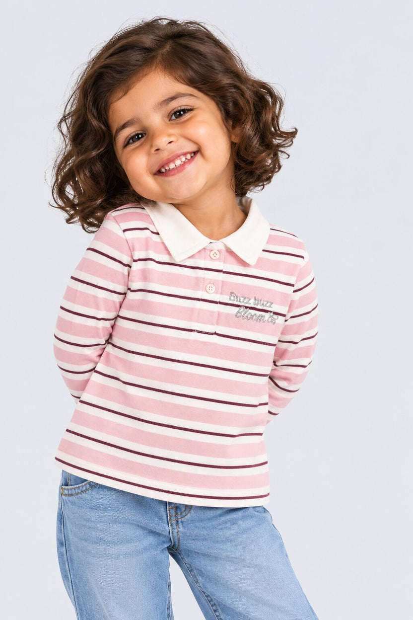 Girls Pink Striped Polo Neck Top - Image 1