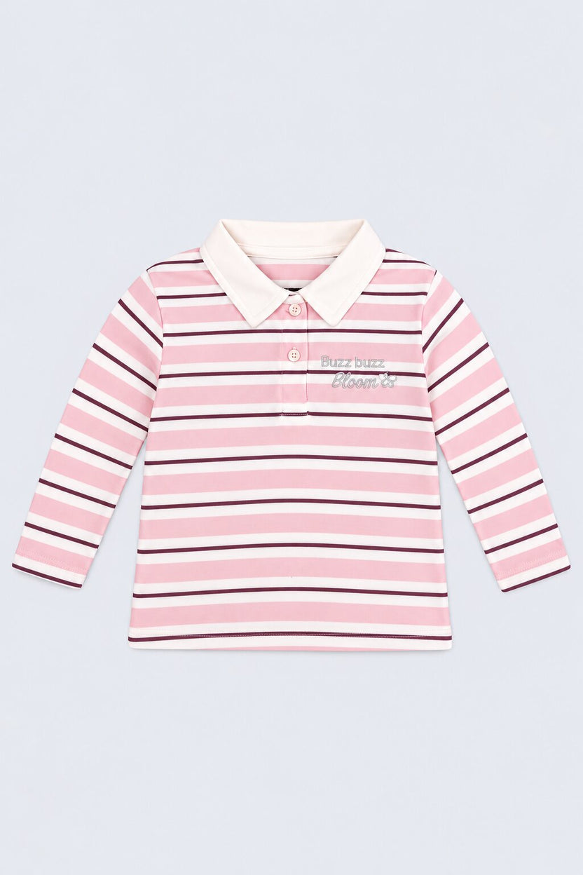 Girls Pink Striped Polo Neck Top - Image 2