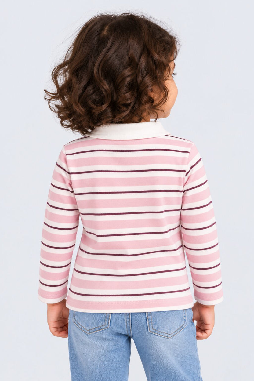 Girls Pink Striped Polo Neck Top - Image 3
