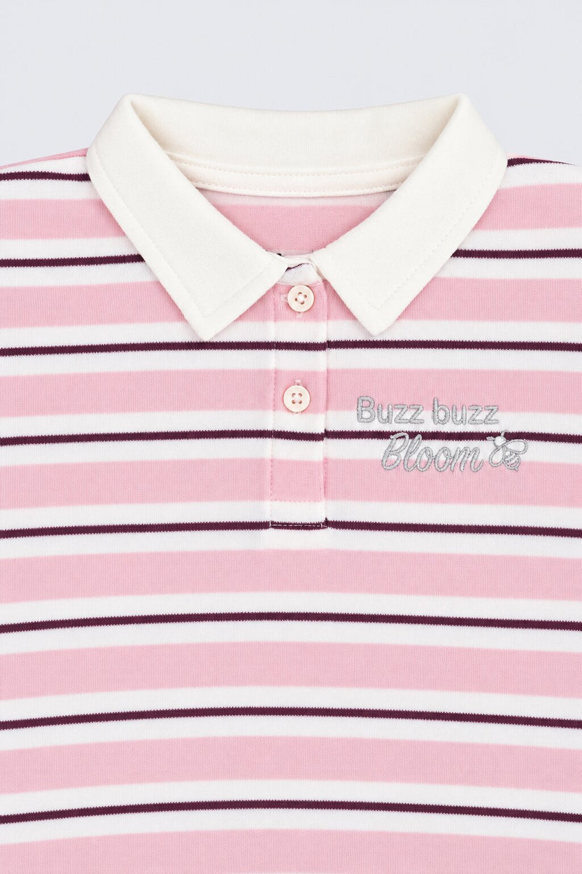 Girls Pink Striped Polo Neck Top - Image 5