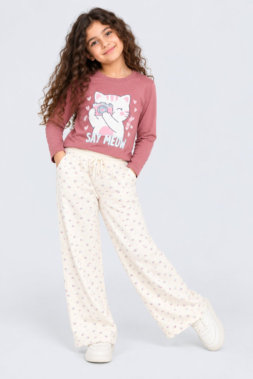 Tweens Girls Off White Floral Print Relaxed Fit Pant - Image 1