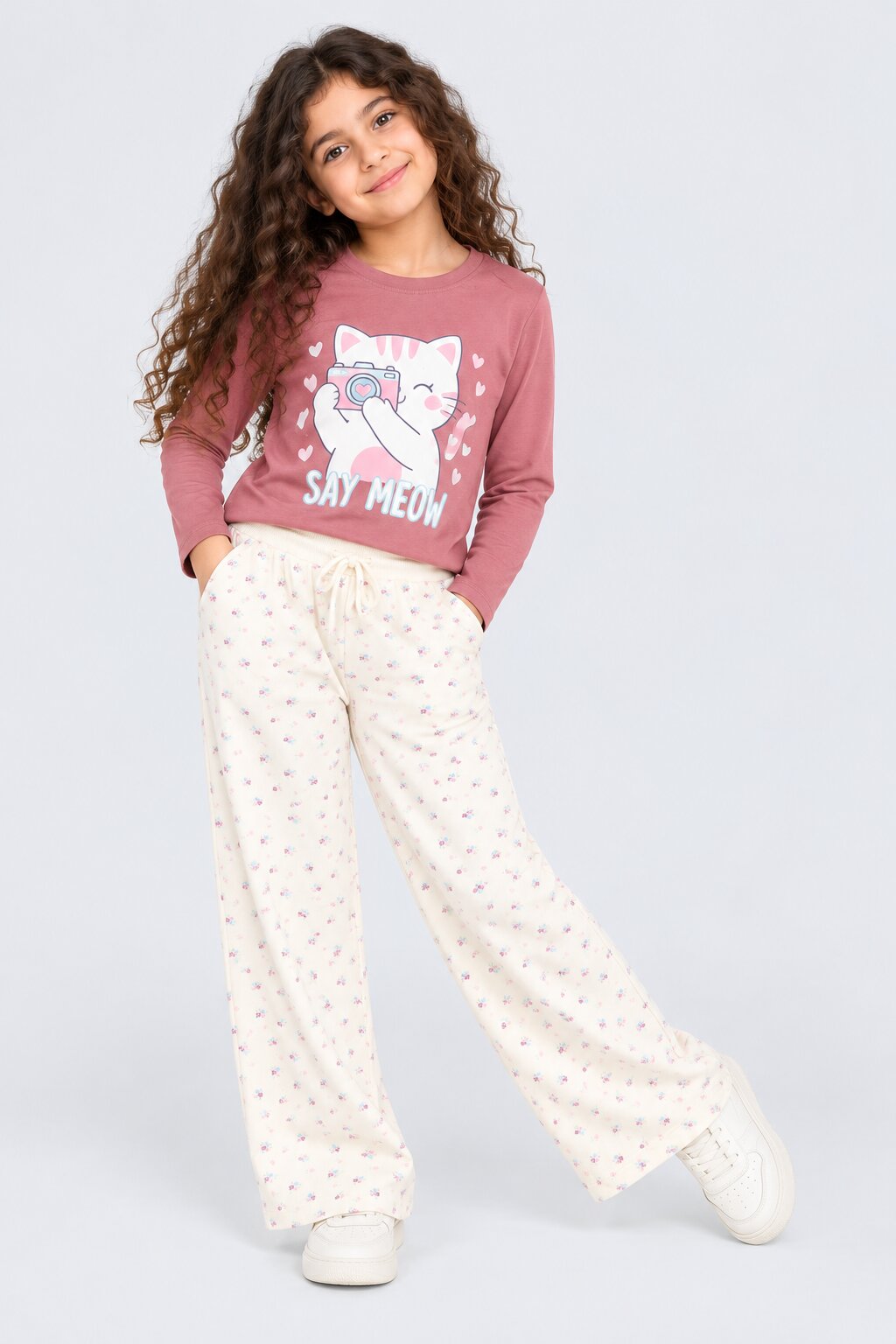 Tweens Girls Off White Floral Print Relaxed Fit Pant - Image 1