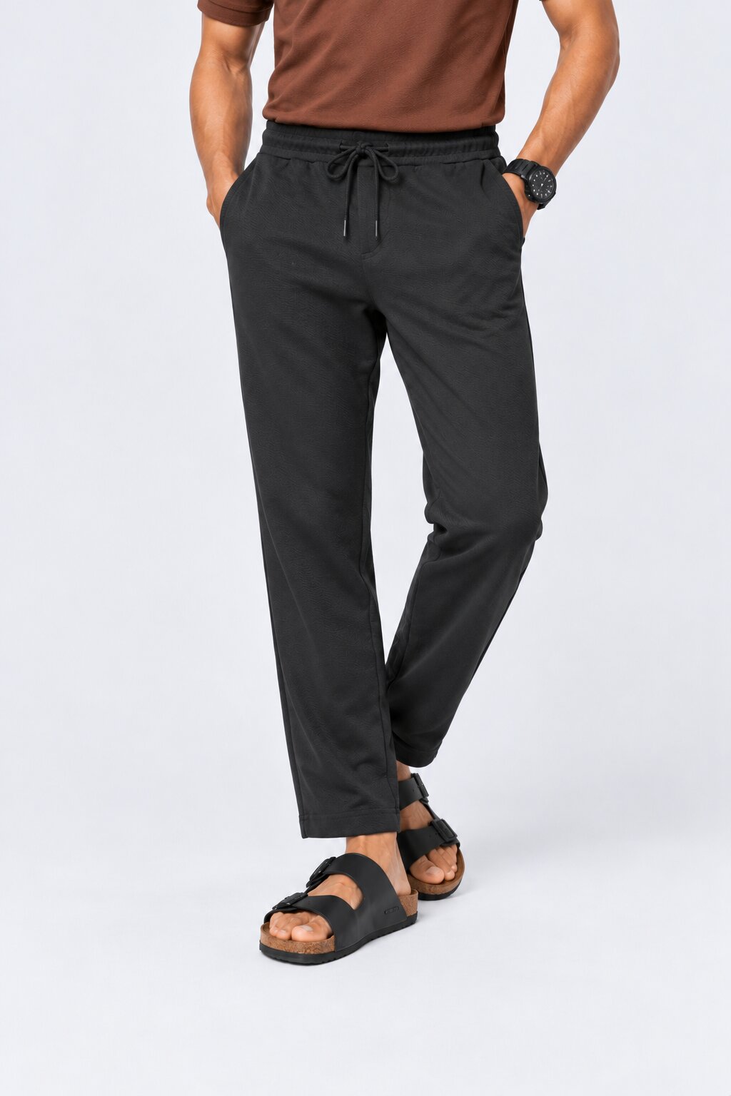 Mens Black Solid Drawstring Relaxed Fit Joggers - Image 2