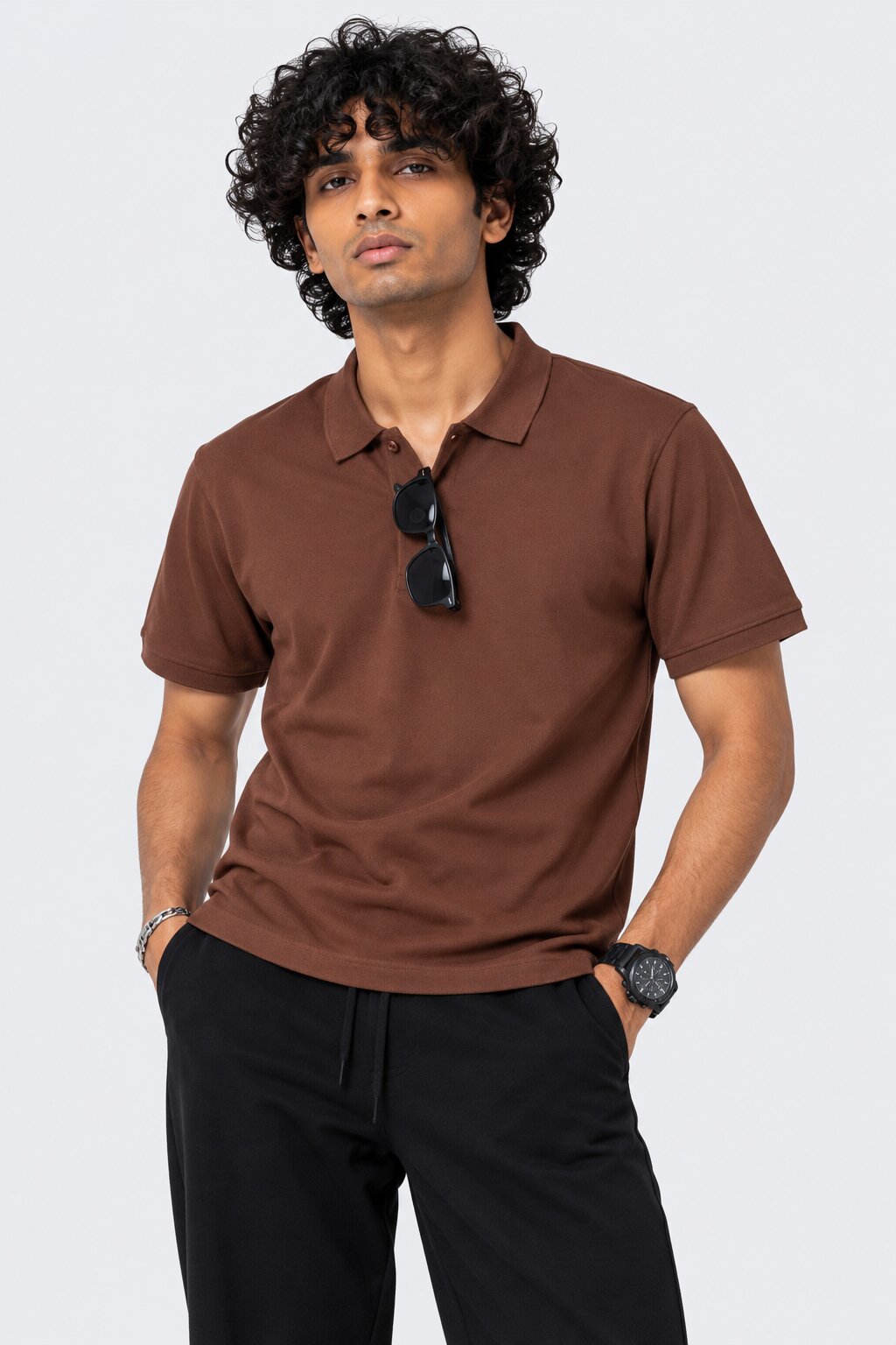 Mens Brown Solid Regular Fit Polo T-Shirt - Image 1