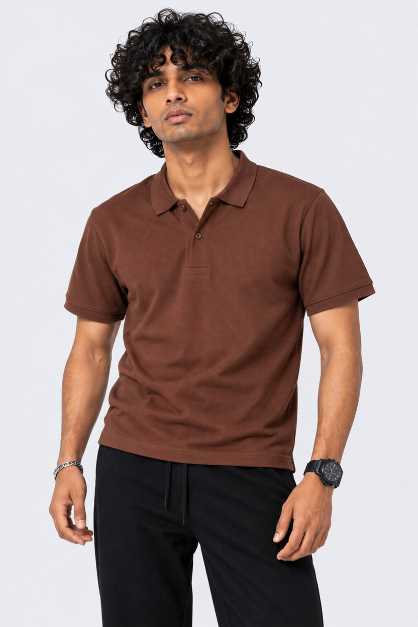 Mens Brown Solid Regular Fit Polo T-Shirt - Image 2