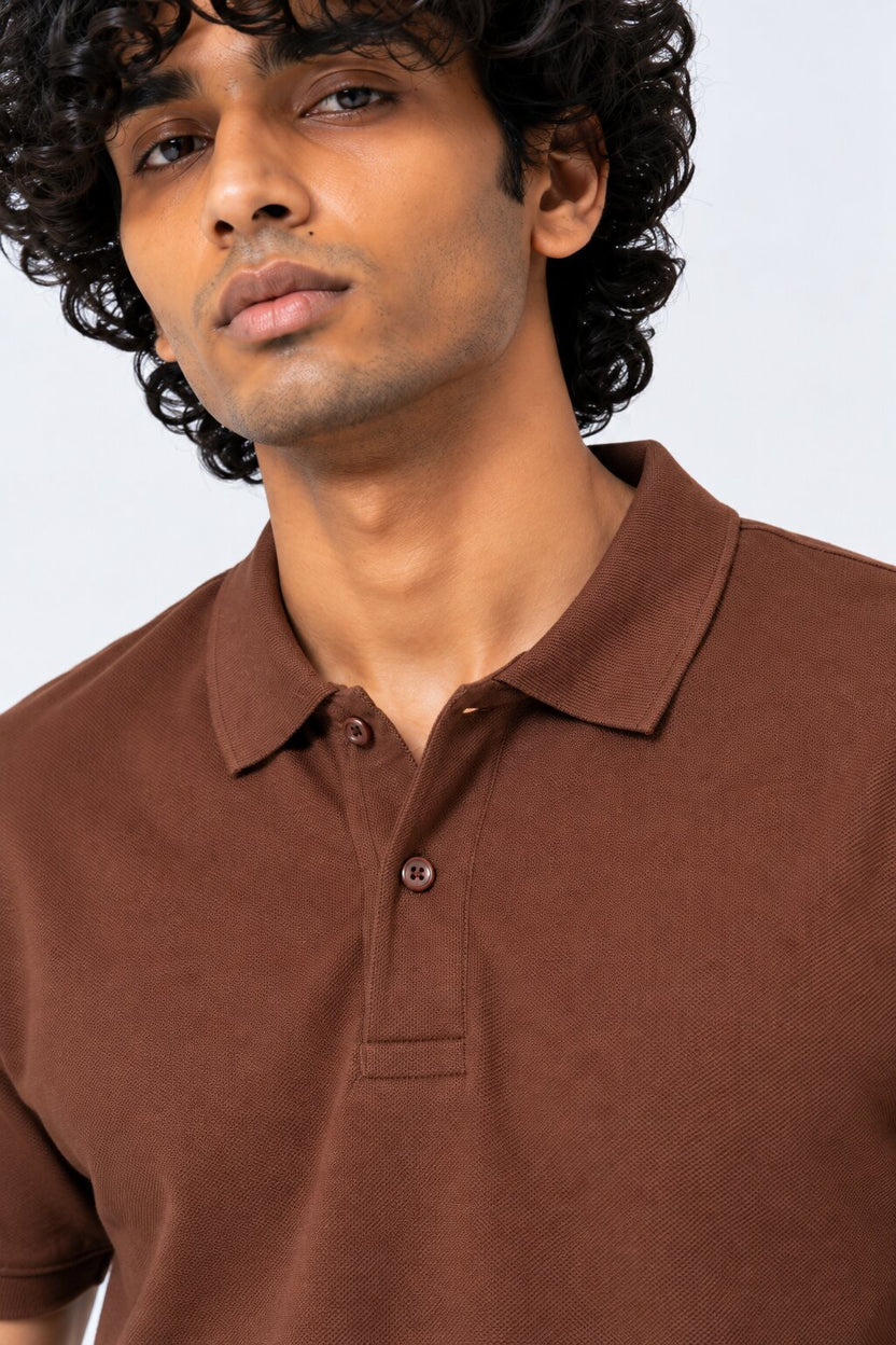 Mens Brown Solid Regular Fit Polo T-Shirt - Image 3
