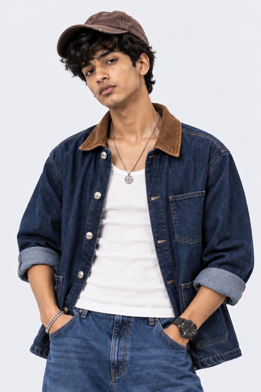 Mens Blue Contrast Collar Denim Shaket - Image 1