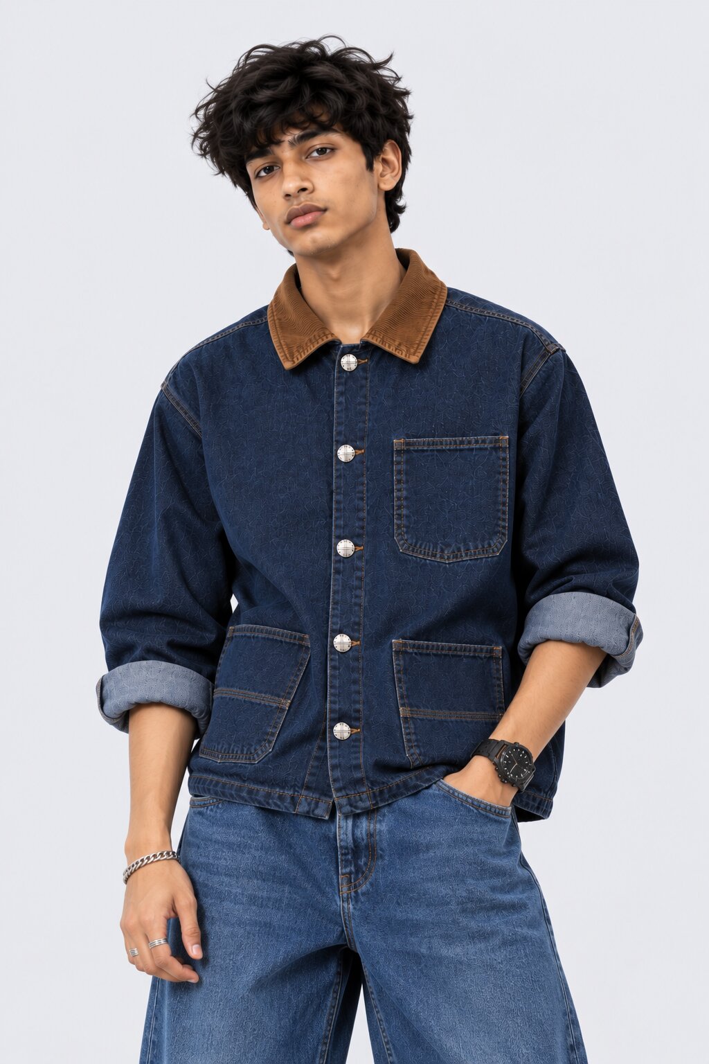 Mens Blue Contrast Collar Denim Shaket - Image 2