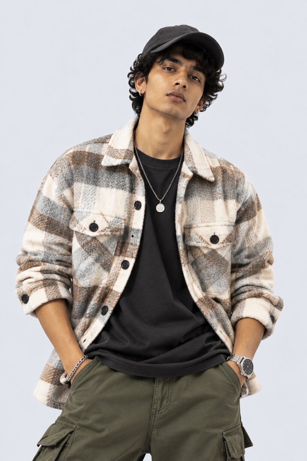 Mens Cream Checked Wool Blend Shaket - Image 1