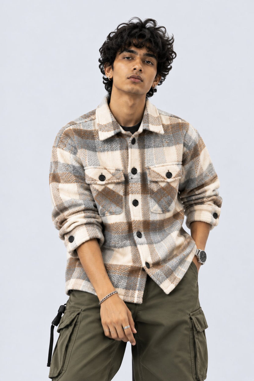 Mens Cream Checked Wool Blend Shaket - Image 2
