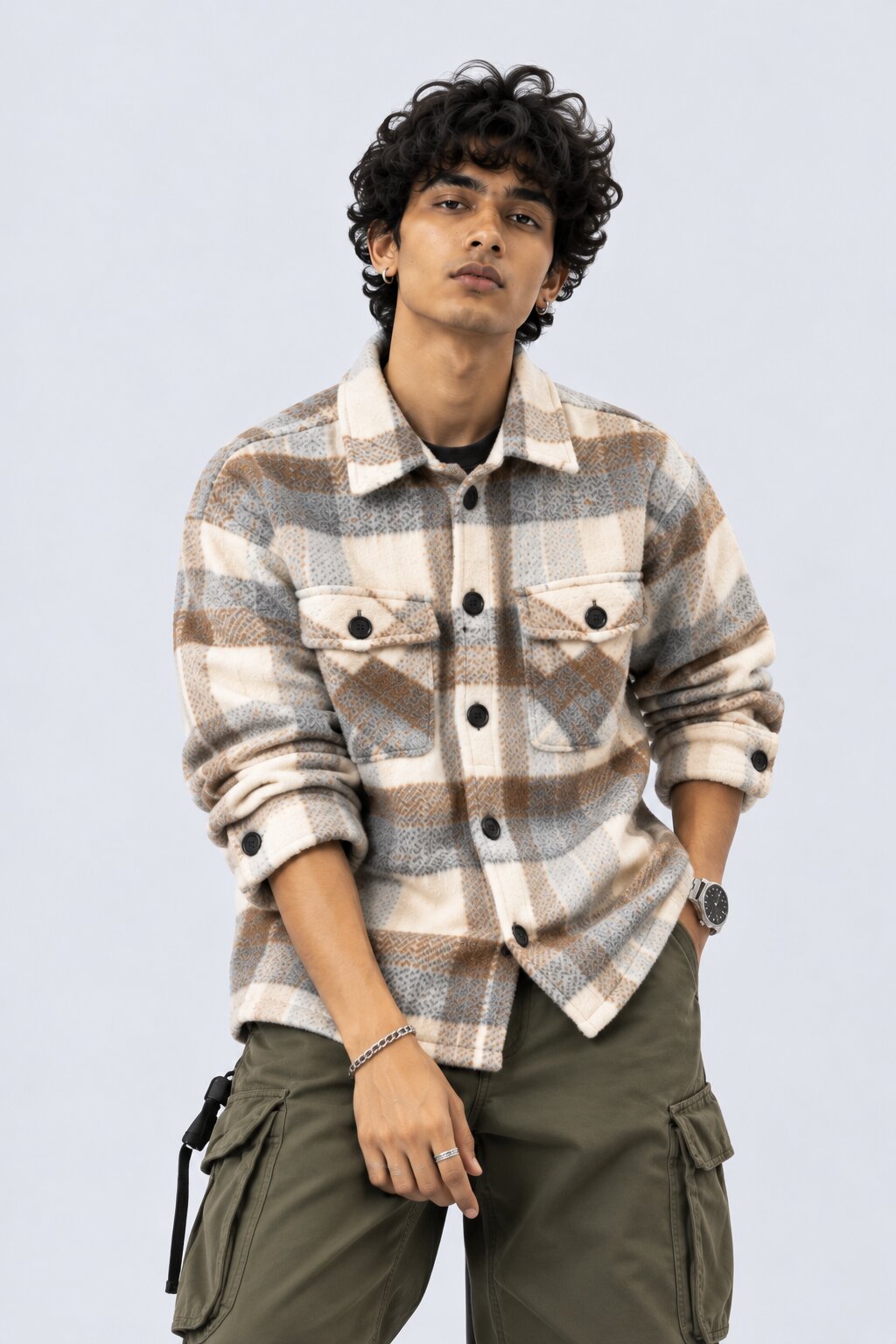 Mens Cream Checked Wool Blend Shaket - Image 2