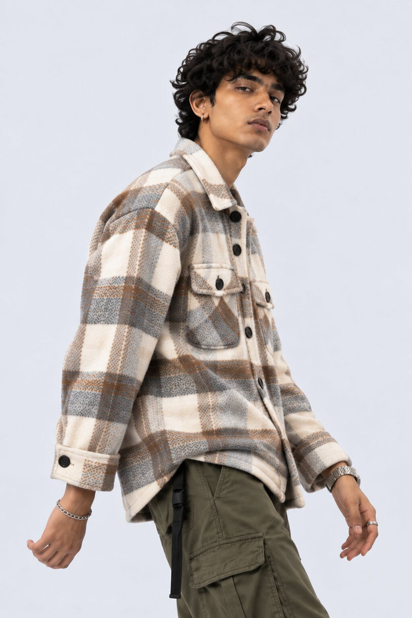 Mens Cream Checked Wool Blend Shaket - Image 4