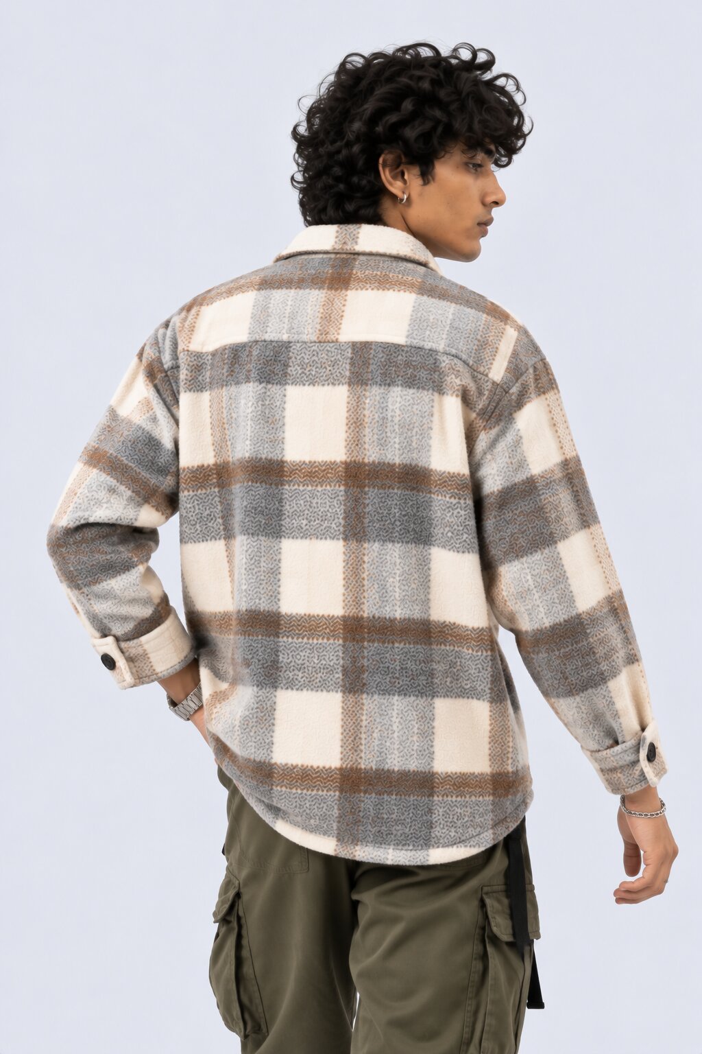 Mens Cream Checked Wool Blend Shaket - Image 5