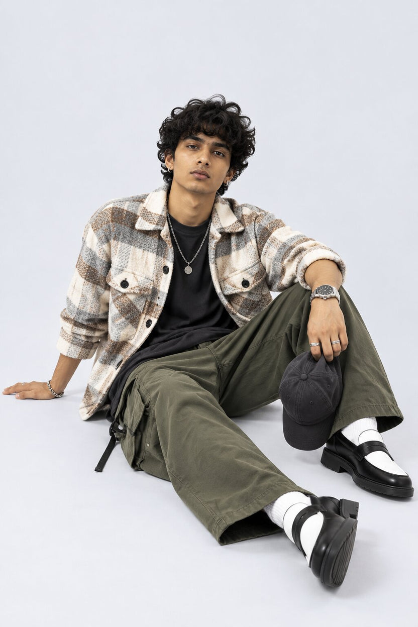 Mens Cream Checked Wool Blend Shaket - Image 6