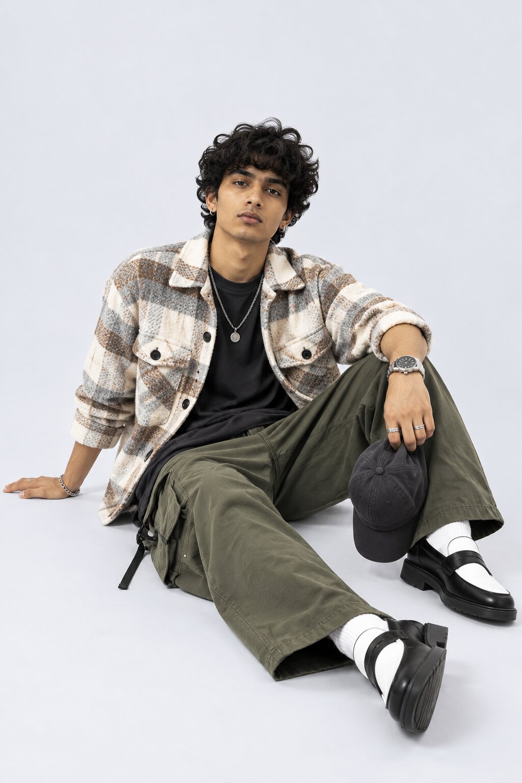 Mens Cream Checked Wool Blend Shaket - Image 6