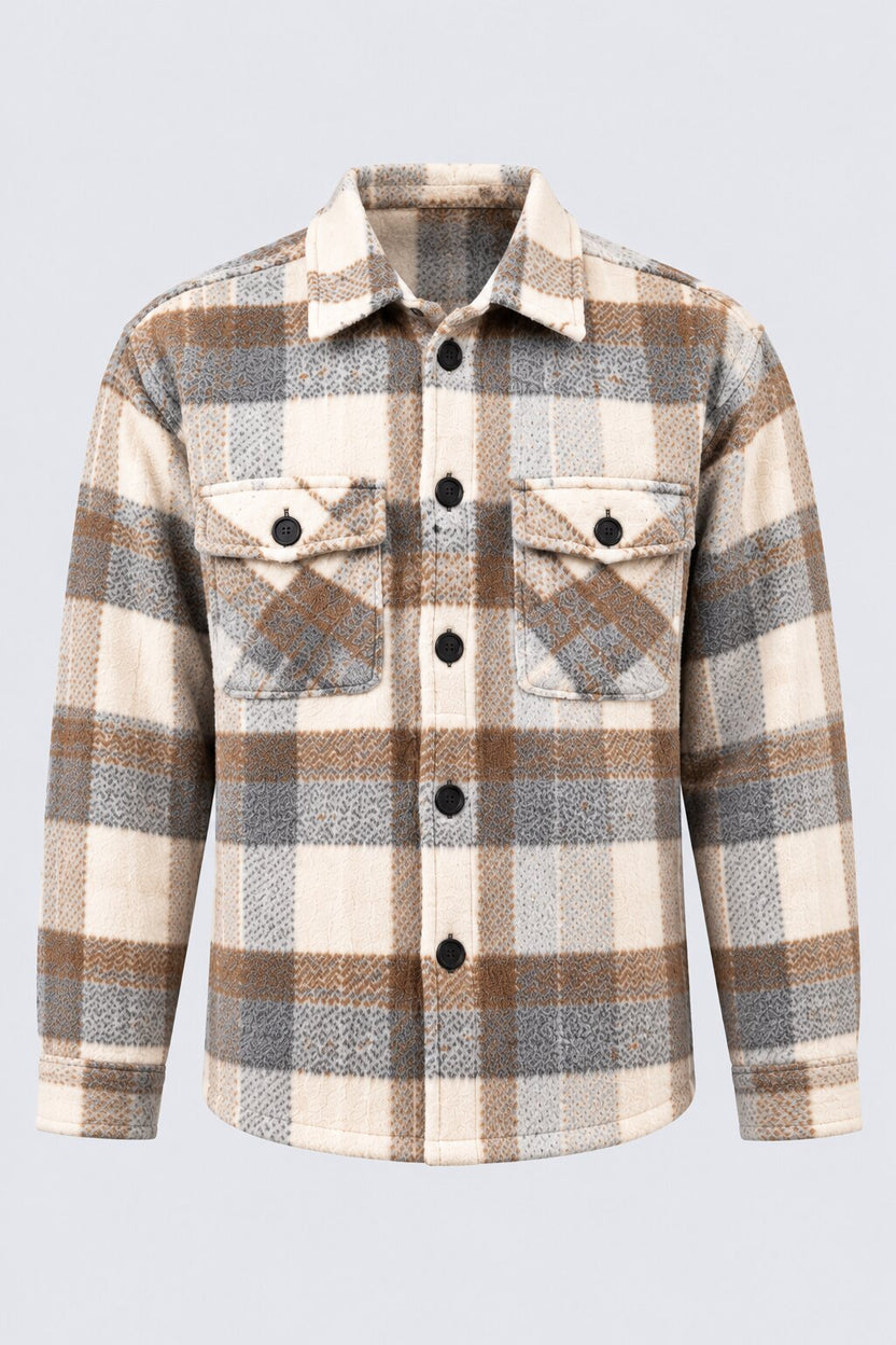 Mens Cream Checked Wool Blend Shaket - Image 7