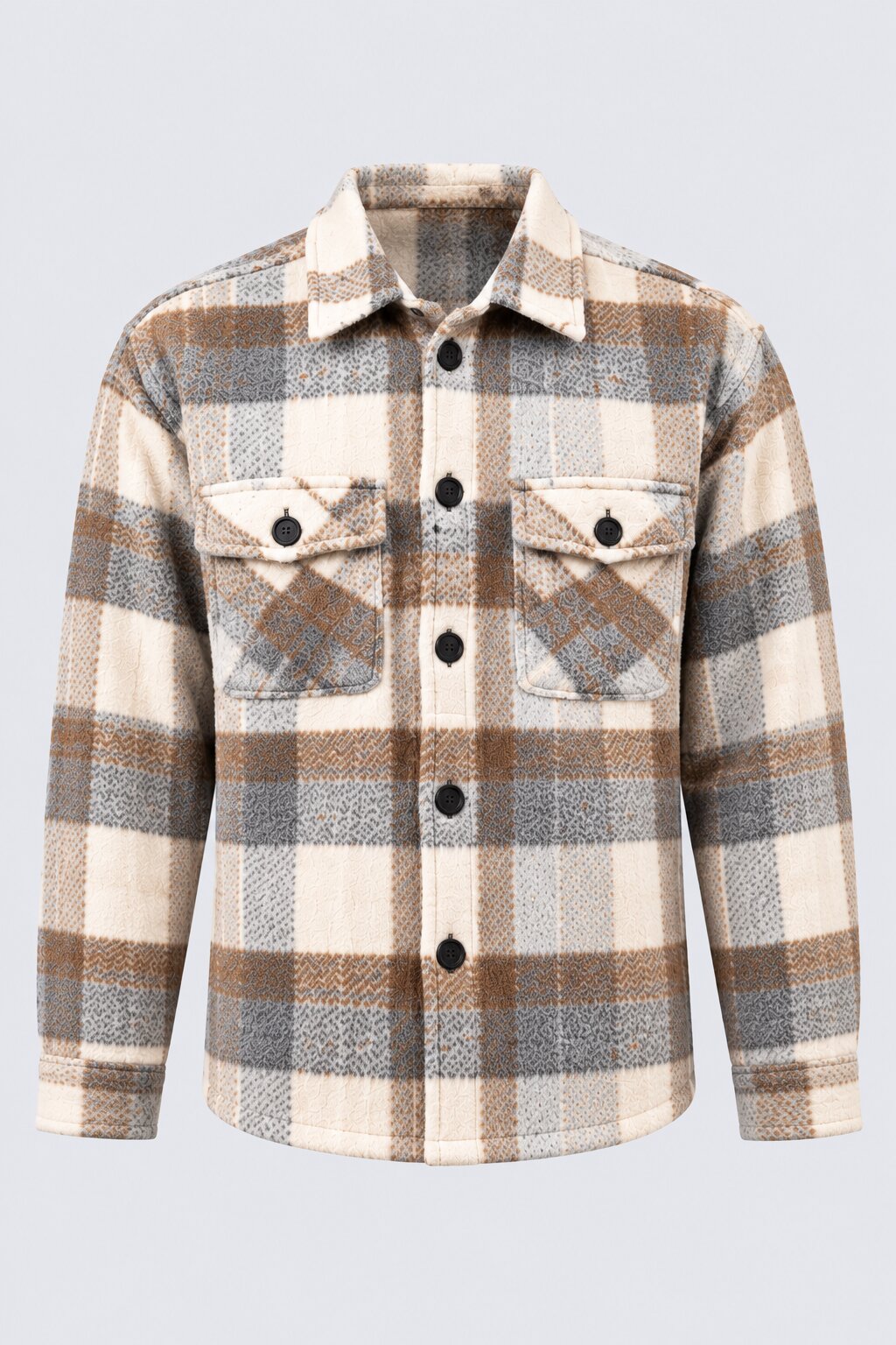 Mens Cream Checked Wool Blend Shaket - Image 7