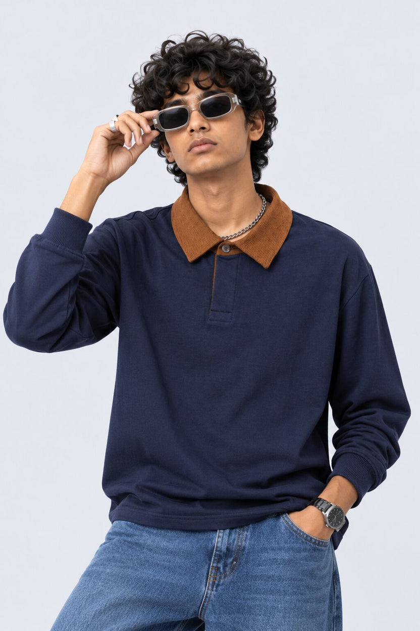 Mens Navy Contrast Collar Polo Sweatshirt - Image 1