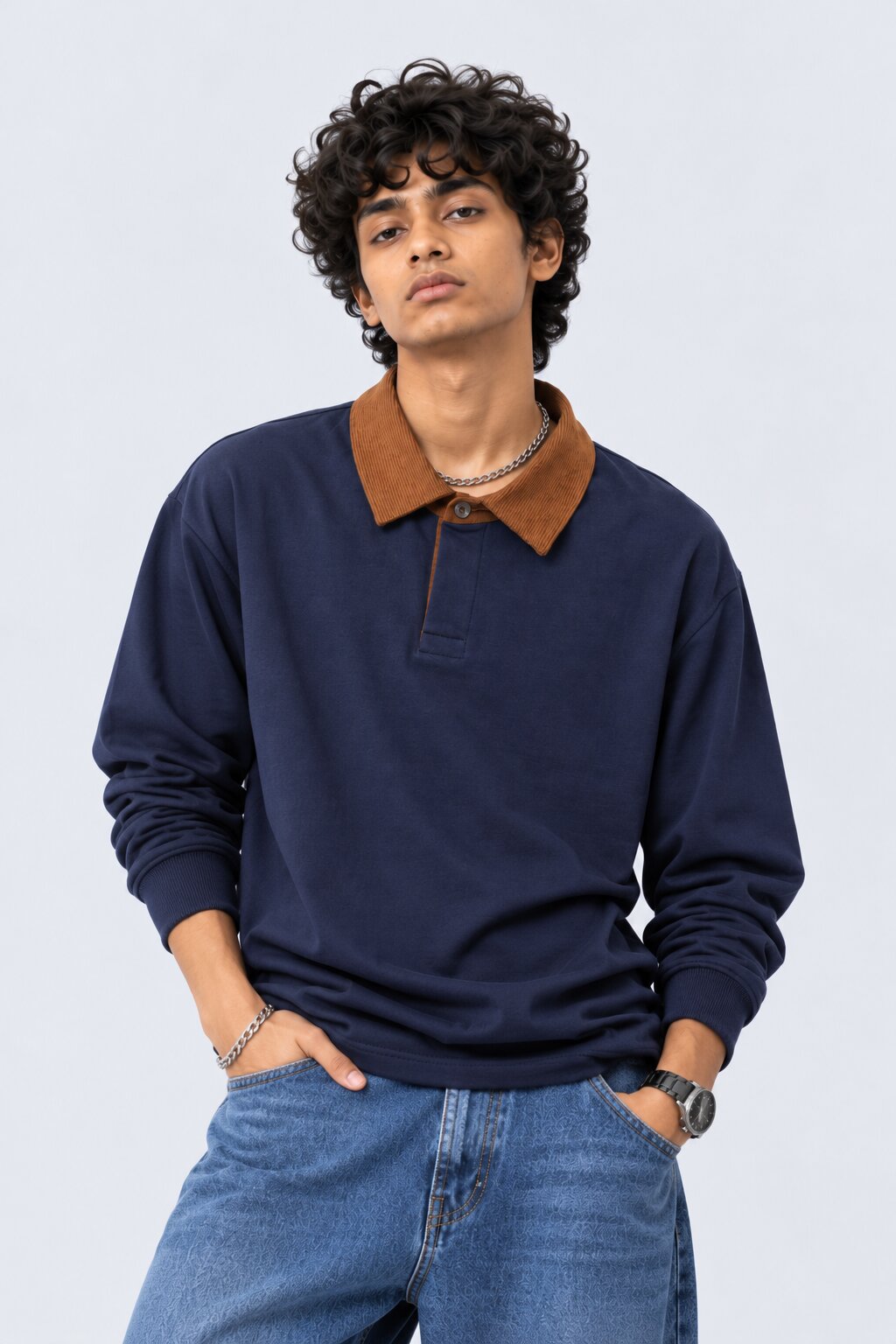 Mens Navy Contrast Collar Polo Sweatshirt - Image 2