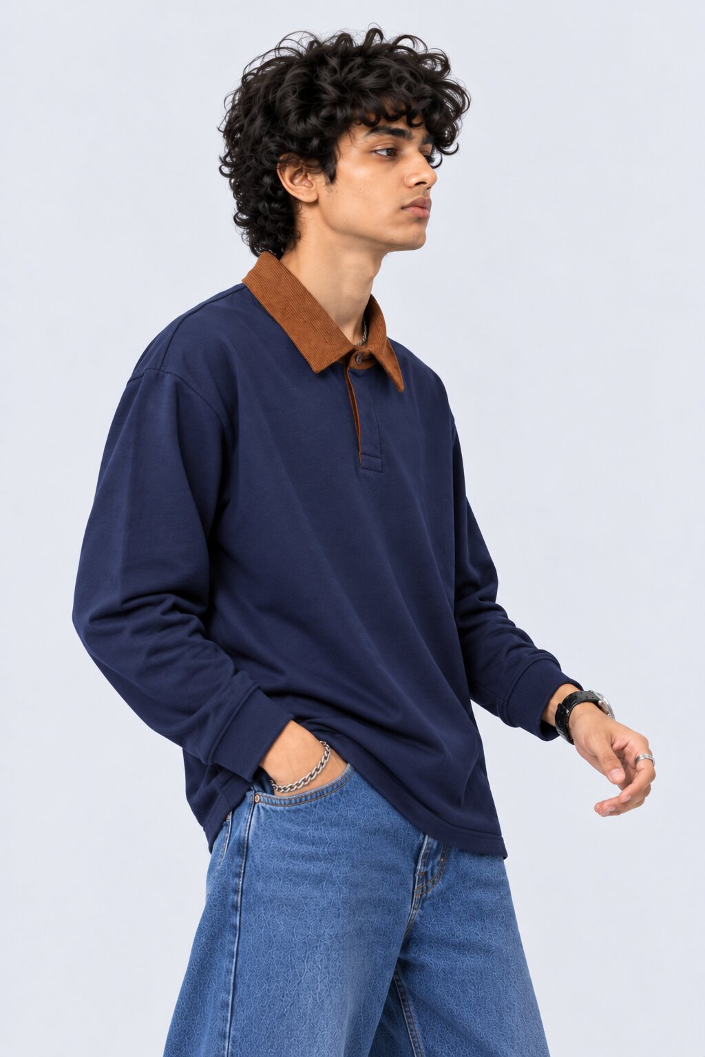 Mens Navy Contrast Collar Polo Sweatshirt - Image 4