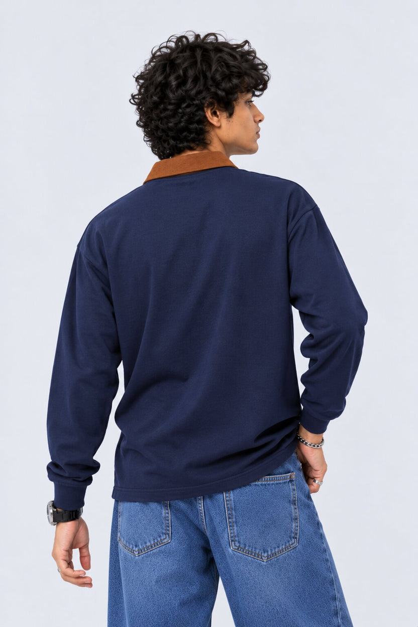 Mens Navy Contrast Collar Polo Sweatshirt - Image 5
