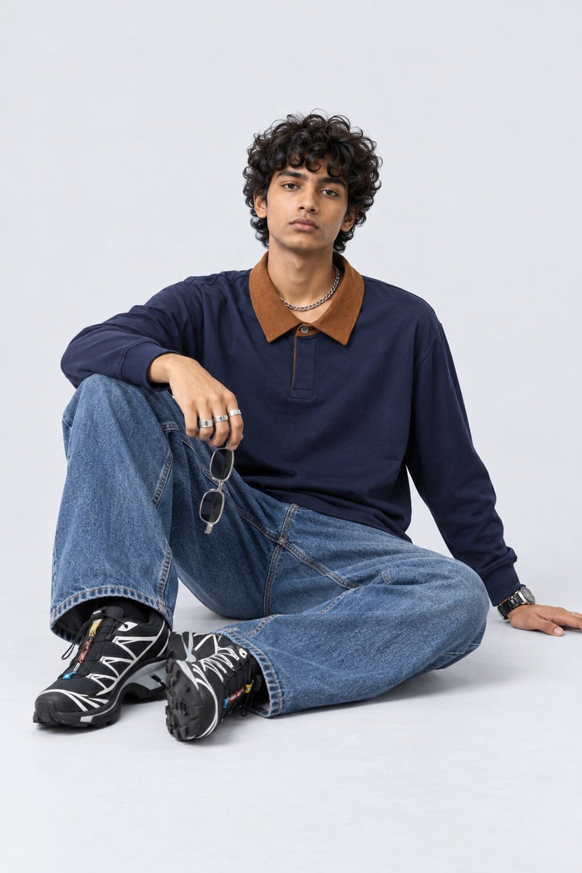 Mens Navy Contrast Collar Polo Sweatshirt - Image 6