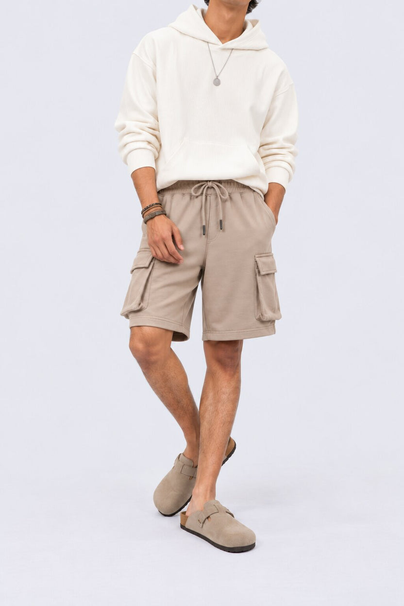 Mens Taupe Cargo Pocket Knit Shorts - Image 2