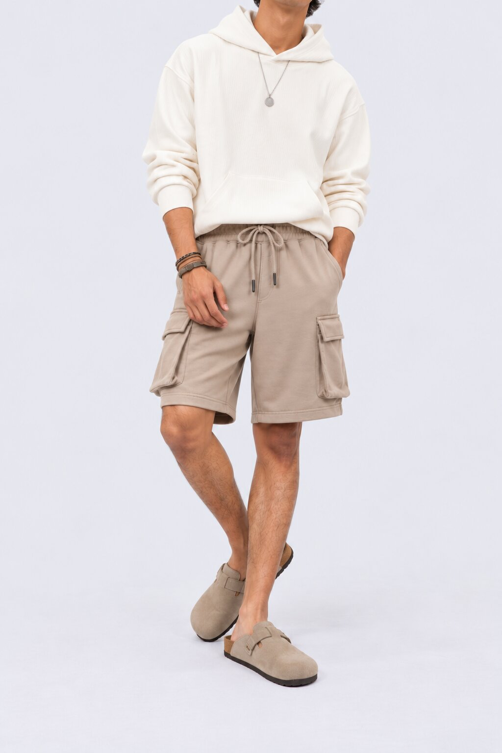 Mens Taupe Cargo Pocket Knit Shorts - Image 2