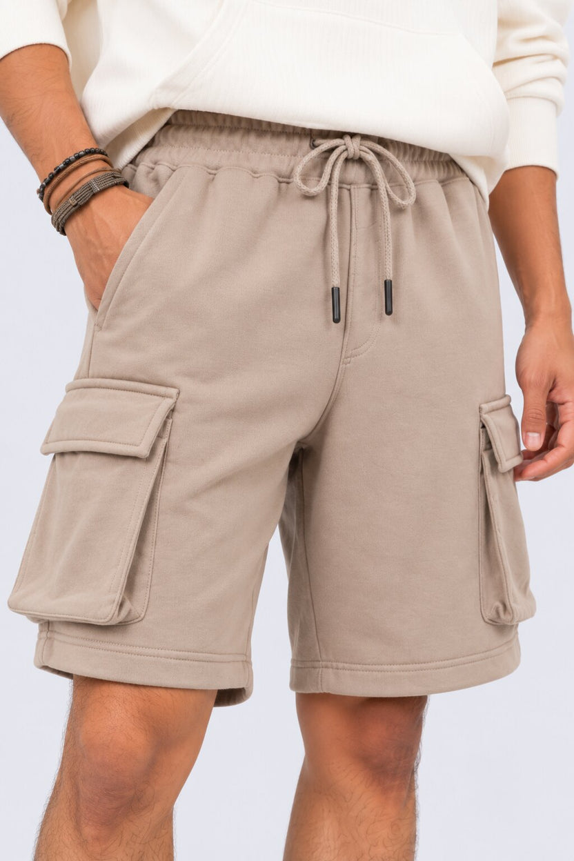 Mens Taupe Cargo Pocket Knit Shorts - Image 9