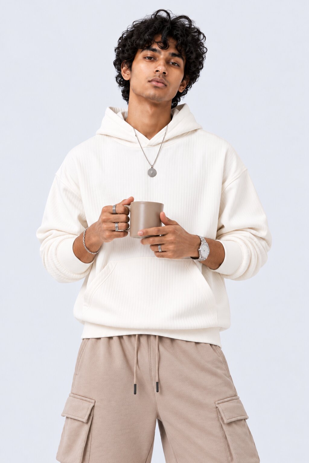 Mens White Ribbed Texture Hooded Sweatshirt - Image 1