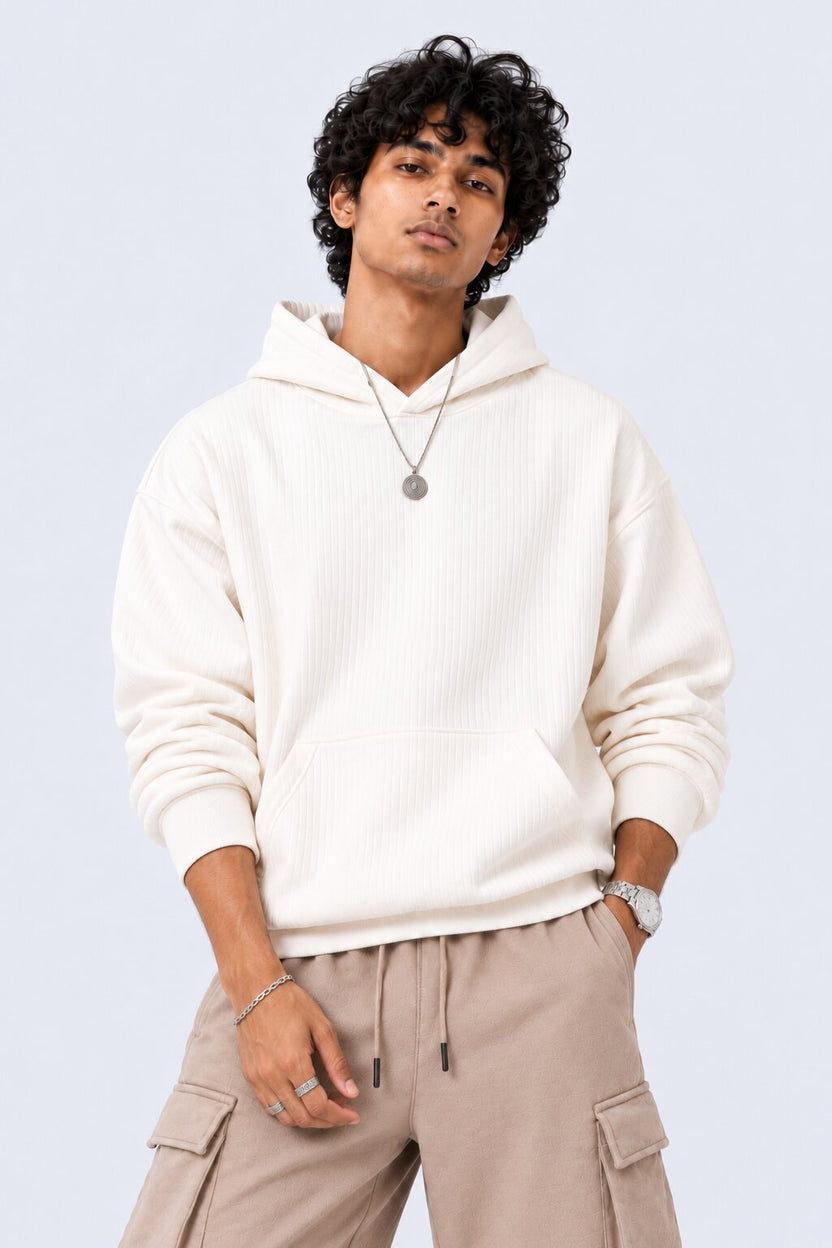 Mens White Ribbed Texture Hooded Sweatshirt - Image 2
