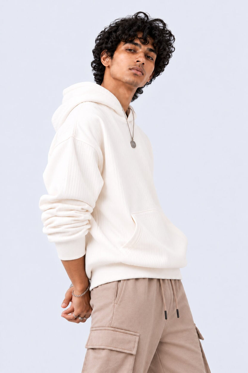 Mens White Ribbed Texture Hooded Sweatshirt - Image 4